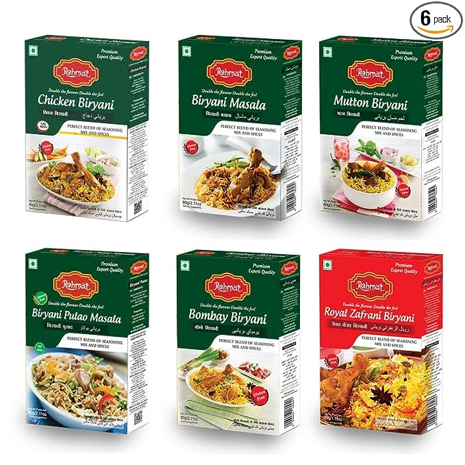 Rehmat Combo Masala Powder- Chicken Biryani, Biryani Masala, Mutton Biryani, Biryani Pulao, Bombay Biryani, Royal Zafrani Biryani (50 gm) Ready to Cook Spice Mix Masala, 60 gm- Pack of 6