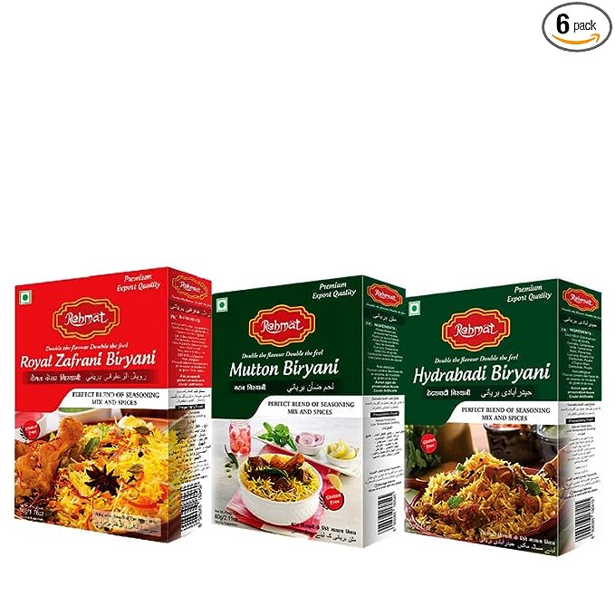 Rehmat Briyani Masala Combo of Royal Zafrani Briyani Masala(50gm), Mutton Biryani(60gm), Hyderbadi Biryani Masala(60gm) Easy to Cook Spice Mix Flavourful Masala (Pack of 6) 2Pack of Each Masala
